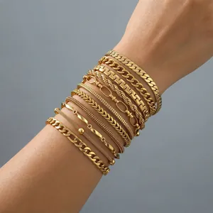 Golden multi-layer beaded chain bracelet set for women in minimalist stainless steel