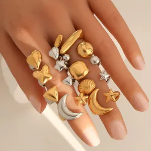 Chic gold and silver stainless steel rings set featuring heart, star, and shell designs