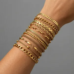 Golden multi-layer beaded chain bracelet set in vintage minimalist stainless steel style