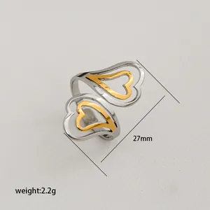 Bague ouverte coeur bicolore minimaliste en acier inoxydable poli argent et or brillant