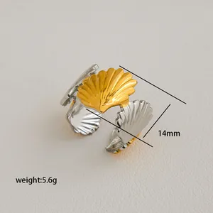 Bague ouverte bicolore en acier inoxydable en forme de coquille d'or et d'argent
