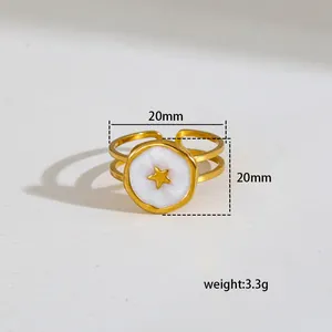 Golden heart star open ring with double-layered band and 20mm round white surface