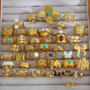 Σετ γαλλικά vintage δαχτυλίδια 18K χρυσό με μαργαριτάρια και τιρκουάζ