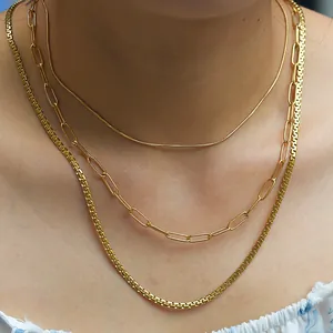 Triple Layered Stainless Steel Gold Plated Snake Chain Paperclip Box Chain Necklace Set For Women Minimalist Jewelry Gift