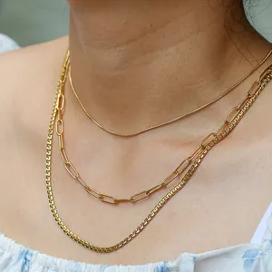 Three-layer gold layered necklace set with snake, paperclip and box chain links