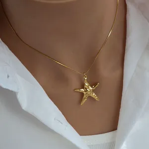 Detail of a gold starfish pendant necklace worn by a model against a white shirt