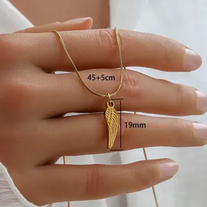 Gold stainless steel feather pendant necklace with 45+5cm snake chain for women