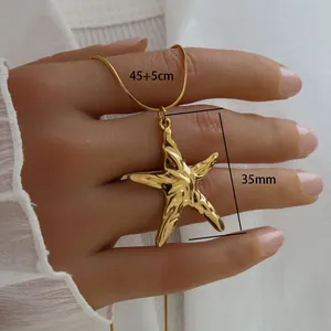 Gold starfish pendant necklace with snake chain and 45+5cm length for women