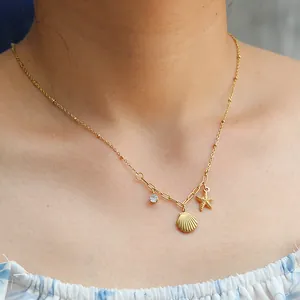 Exquisite Edelstahl Gold Plattierte Ozean Muschel Seestern Zirkonia Anhänger Halskette Für Damen Meeresstil Schmuck Geschenk