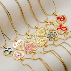 Stainless Steel Gold Plated Heart Pendant Necklace For Women Zirconia Enamel Love Tree Of Life Clavicle Chain Jewelry
