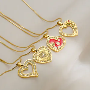 14k gold plated heart pendant necklace set with crystal inlay and red enamel patterns