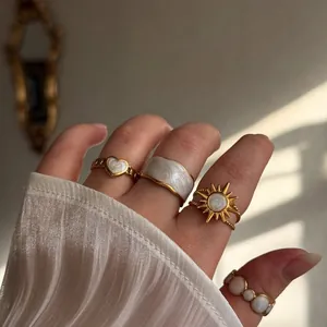 Bague Ouverte Ajustable en Acier Inoxydable Plaque Or pour Femme Émail Marbre Cœur Fleur Bijoux de Mode