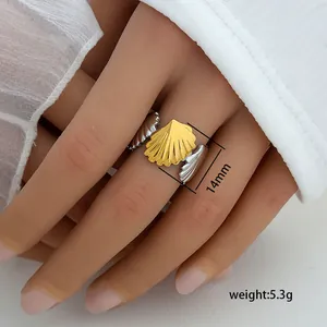 Two-tone mixed metal scallop shell open ring 14mm wide in gold and silver finish