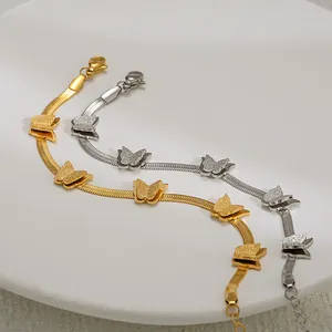 Elegant gold and silver titanium steel butterfly herringbone chain bracelet for women