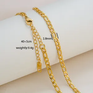 Detail view of 3.8mm gold Figaro chain showing 40+5cm length and 9.4g weight specs