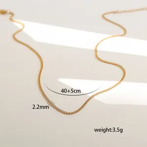 Detail of a 2.2mm gold snake chain necklace showing length specs and weaving texture