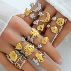 Stainless Steel Adjustable Open Ring For Women Bi-Color Gold Silver Mixed Design Geometric Flower Heart Star Moon Finger Jewelry