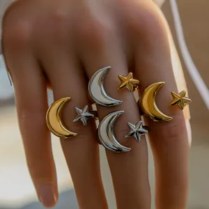 Bague Ouverte Étoile Lune en Acier Inoxydable 304 pour Femmes Minimaliste Ajustable Or Argent Couleur Contrastée Bijoux Mode