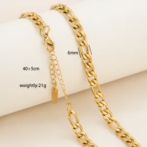 Detailed view of a 6mm wide golden Figaro chain necklace with lobster clasp and extender