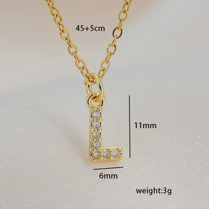 Close-up of golden square letter L necklace with cubic zirconia and size dimensions