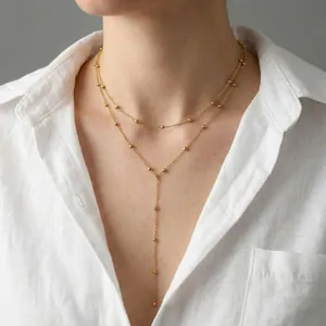 Minimalist Stainless Steel Bead Layered Y Necklace For Women Gold Plated Double Layer Clavicle Chain Jewelry Accessory