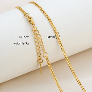 Detail of 1.8mm gold stainless steel blade chain with dimensions and lobster clasp