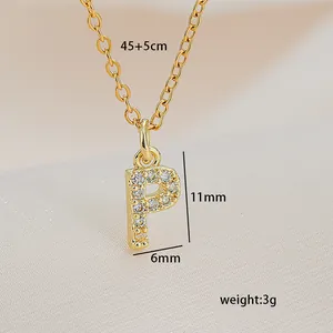Detailed view of gold square letter P pendant with dimensions 11mm and 45cm chain length