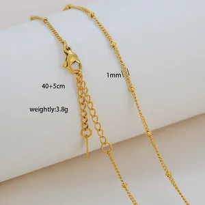 Detail view of 18K gold plated stainless steel bead chain with dimensions and weight