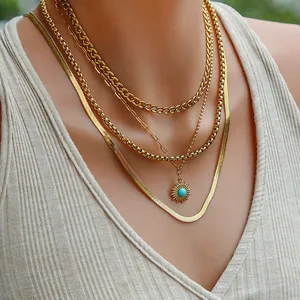 Detail shot of a layered gold necklace featuring a sunburst pendant and turquoise gemstone