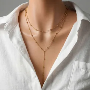 Minimalist double layer gold Y-shaped necklace with delicate beads for women