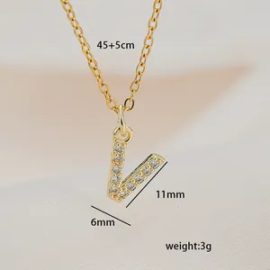 Detail of V-letter pendant with zircon inlay and golden chain size specifications