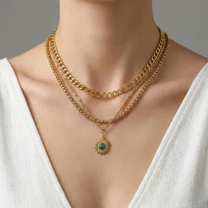 Layered gold cuban chain necklace set with sun pendant and green stone for men and women