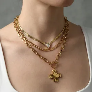 Women Stainless Steel Gold Plated Cross Pendant Necklace Stacked Marquise Zirconia Snake Chain Curb Link Toggle Clasp Jewelry