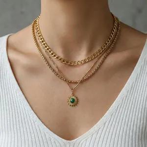 Three-layer gold necklace featuring Cuban chain, paperclip links, and green malachite pendant