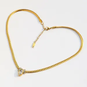 Golden stainless steel flat snake chain necklace with marquise zircon cross pendant in heart shape