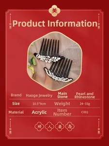Detail view of pearl and rhinestone hair comb set with size specifications 10.5x9cm
