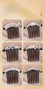 Detail view of six pearl and rhinestone hair comb styles on champagne satin fabric