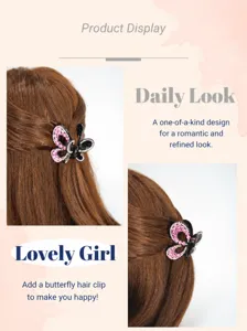 Vue détaillée d'une pince à cheveux papillon en strass portée sur cheveux bruns
