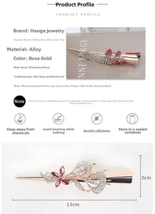 Detailed size specifications of 13x3cm rose gold rhinestone bow hair clip with alloy material