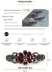Close-up of vintage rhinestone hair clip showing detailed alloy base and colorful resin gems