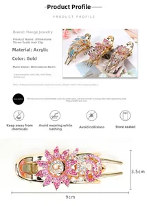 Detailed view of 9cm golden rhinestone hair claw clip with specific size measurements