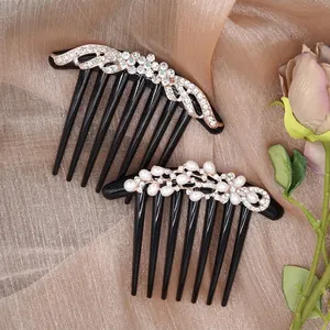 Korean Elegant Faux Artificial Pearl Rhinestone Hair Comb For Women Vintage Black Plastic Hair Insert Clip Wedding Party Hair Jewelry