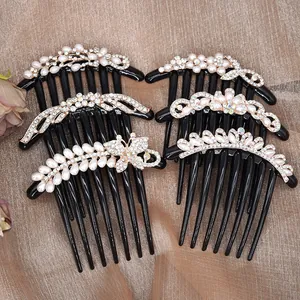 Elegant 6-piece hair comb set with pearls and rhinestones on brown silk fabric