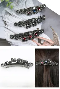 Macro detail of retro rhinestone hair clip with large square gems and spring lock