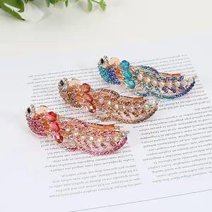 Elegant Korean Rhinestone Peacock Bowknot Hair Clips Alloy Spring Clips Shiny Crystal Hairpins Decorative Headwear For Women Party Wedding