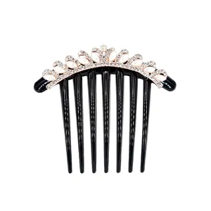 Elegant 7-tooth black hair comb with crown-shaped faux pearl and rhinestone inlay