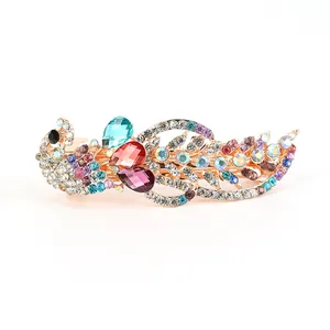 Sparkling peacock hair clip with colorful rhinestones and gold alloy spring clip