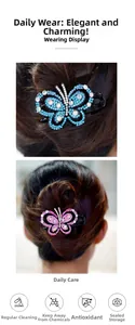Détail de pinces à cheveux papillon en cristal bleu et rose avec instructions d'entretien