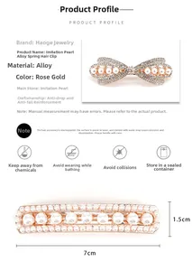 Detail view of rose gold alloy spring hair clips with pearls and rhinestones 7cm size