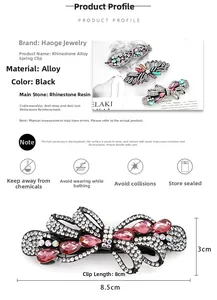 Macro detail of elegant bow hair clip with colorful rhinestones and 8.5cm size markings
